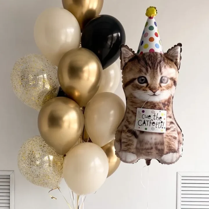 котенок с колпаком и фонтан из бежевых золотых шаров